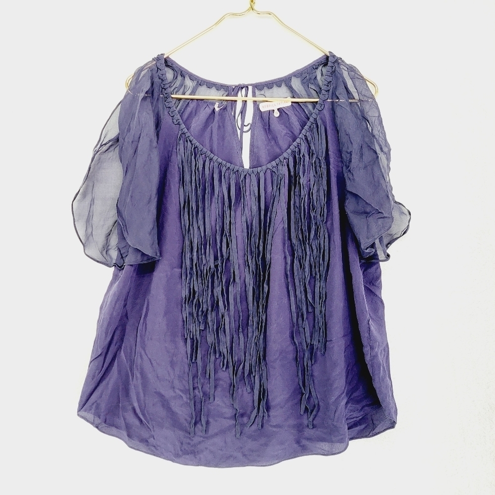 Rebecca Taylor Purple Silk Sheer Off Shoulder Round Neck Blouse 5039
